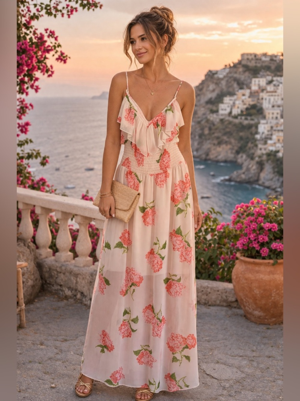 Floral Pink Ruffle Maxi Dress - Women
